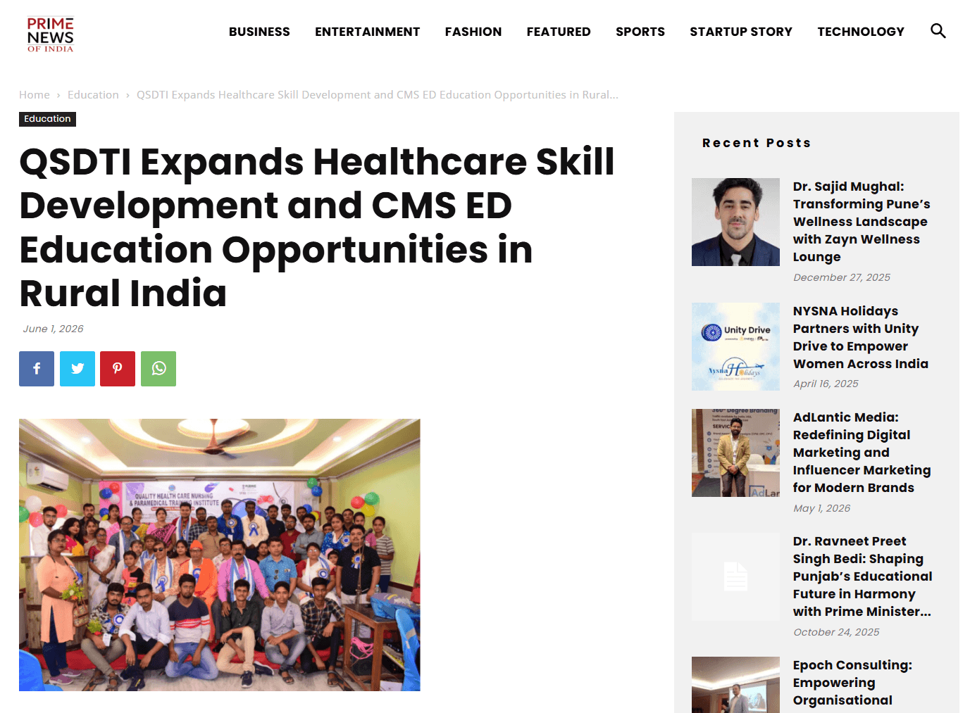 QSDTI Featured in Prime News of India for Advancing Healthcare Skill Development
